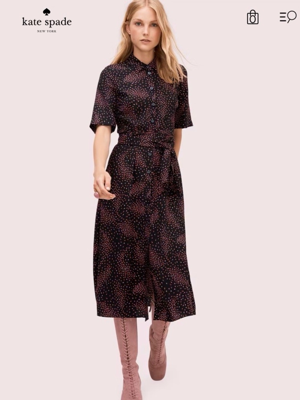 kate spade Meadow Smocked Back Shirtdress Black with Pink Dot Midi Shirt Dress